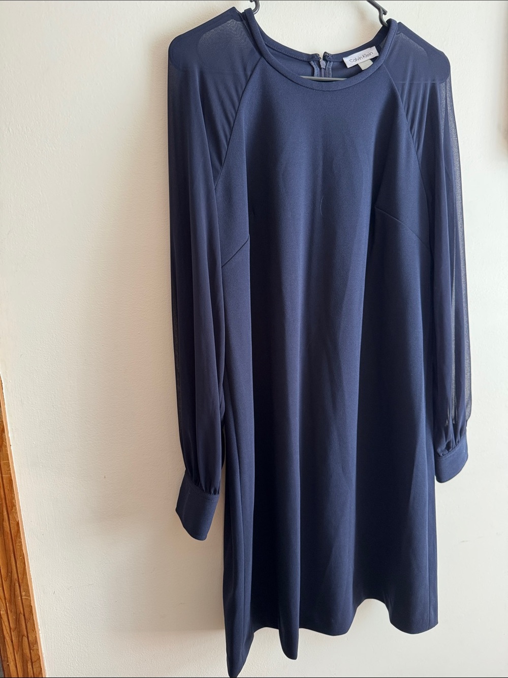 Calvin Klein Navy Sheath Dress with Crew Neck and sheer sleeves